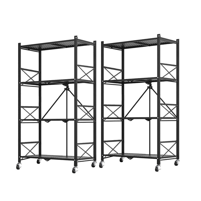 2X 4 Tier Carbon Steel Foldable Shelf Unit Black Locking Wheels