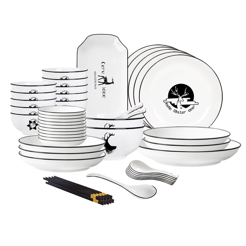 Ceramic Dinnerware White Antler Print Bowls Plates Spoons Stackable Set of 34