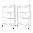 2X White 4 Tier Foldable Steel Shelves With Wheels Multi-Functional Storage Rack