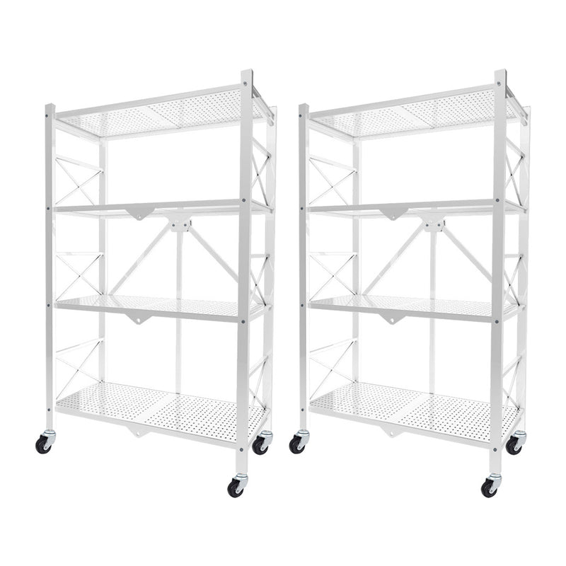 2X White 4 Tier Foldable Steel Shelves With Wheels Multi-Functional Storage Rack