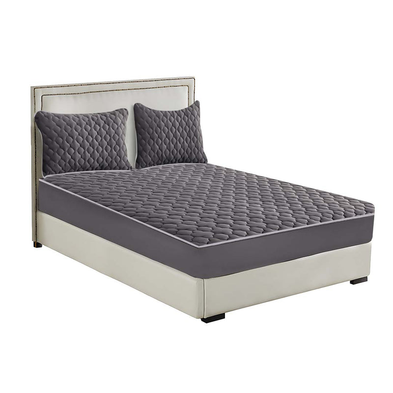 Grey 188cm Quilted Fleece Mattress Cover Set with Pillow Covers