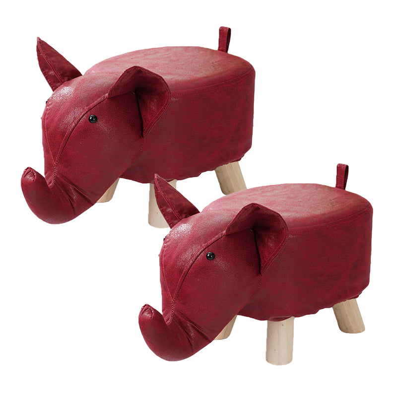 2X Kids Ottoman Stool Polyurethane Foam Pine Frame 28x26cm Red Elephant