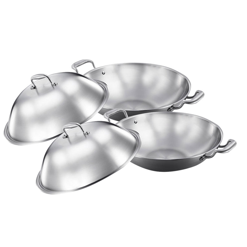 2X 38cm 18/10 Stainless Steel 3 Ply Wok Double Handle With Lid Induction Ready