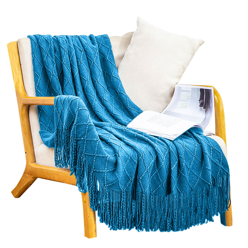 Blue Knitted Throw Blanket 100 Percent Acrylic Diamond Pattern Tassels Home Decor
