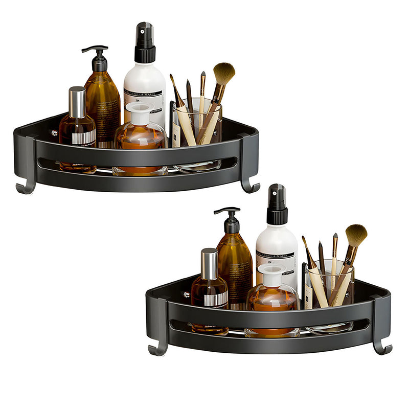2X Black Aluminum Wall Mounted Bathroom Corner Storage Rack with Hooks