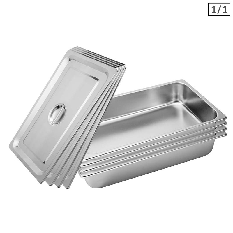 4X Gastronorm Full Size 1/1 Pan Stainless Steel 53cm x 32.5cm x 10cm With Lids