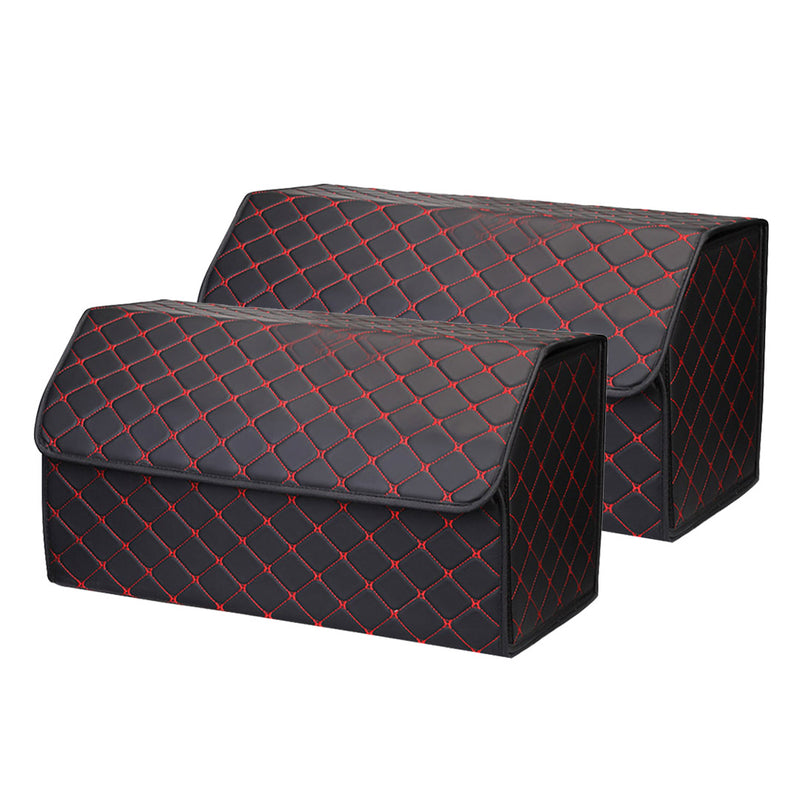 2X Leather Car Boot Organizer Collapsible Portable 55x30x30cm Black Red Stitch