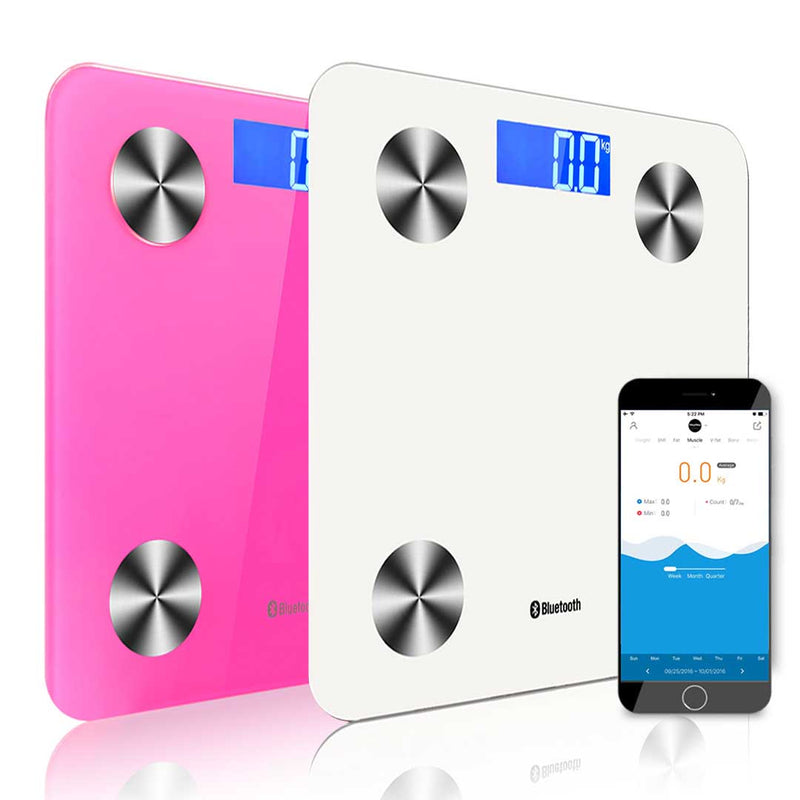 2X Digital Bluetooth Body Fat Scale 180kg Capacity 8 User Profiles White Pink