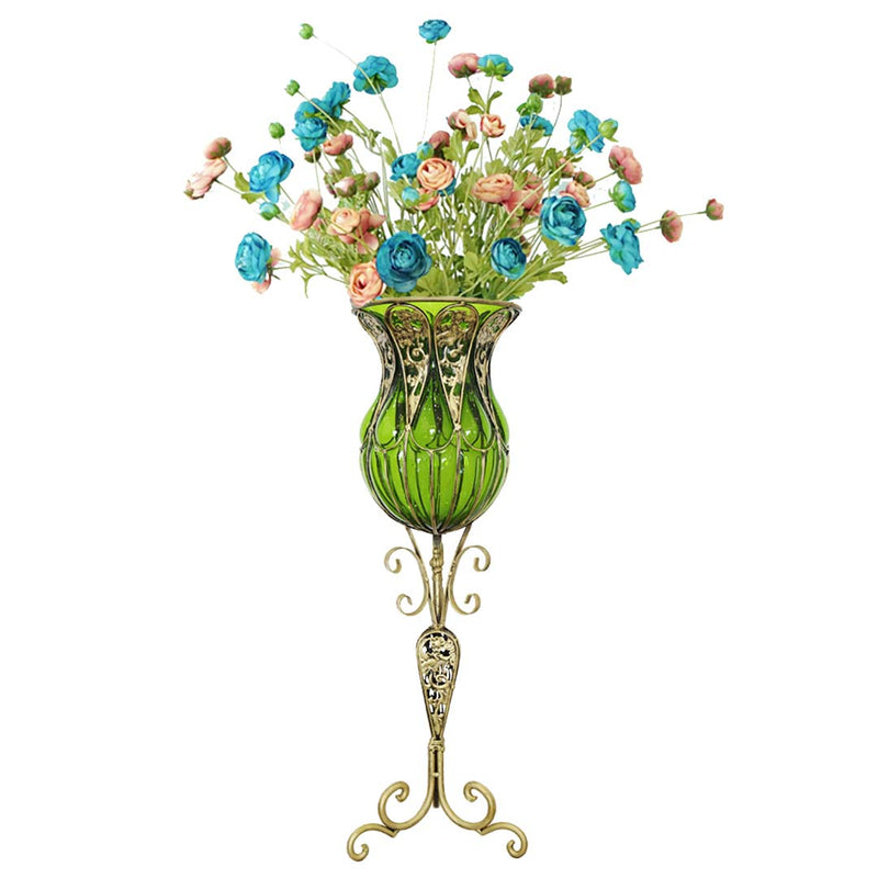85cm Green Glass Tall Floor Vase Gold Metal Base 12pcs Blue Artificial Flowers