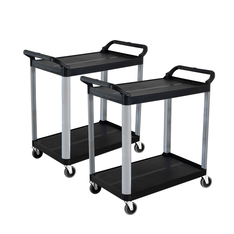 2X 2 Tier Food Trolley PVC Black Portable Kitchen Cart with Wheels 80kg Capacity
