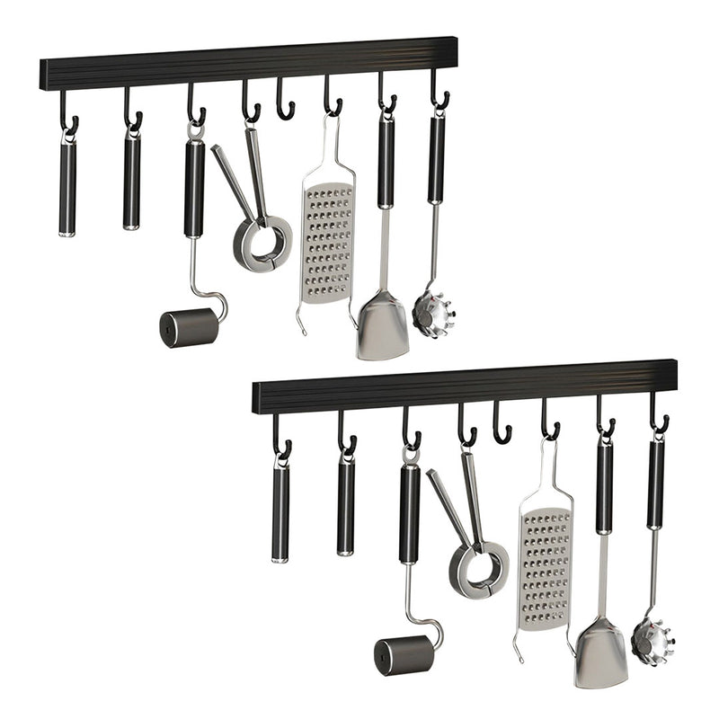 2X Wall Mounted Aluminum Kitchen Utensil Rack 41cm Black Rustproof Hooks