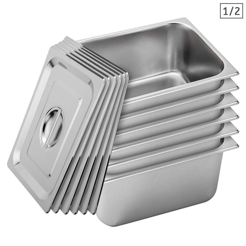 6X Full Size 1/2 GN Pan 20cm Deep Stainless Steel Tray With Lids