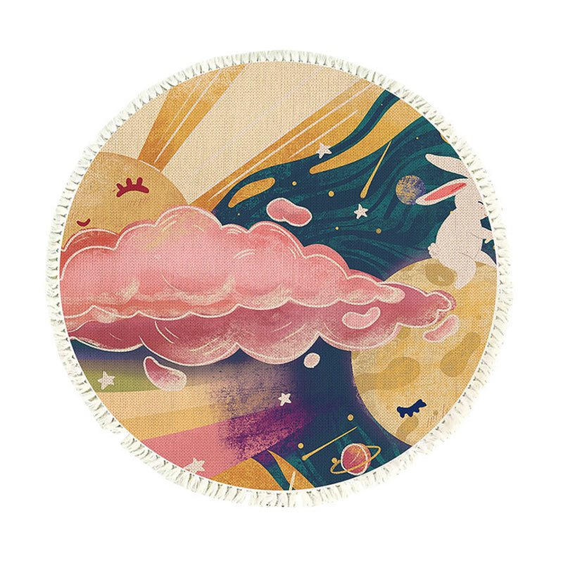 120cm Round Tassels Area Rug Polyester Multicolor Sky Landscape Clouds Non Slip