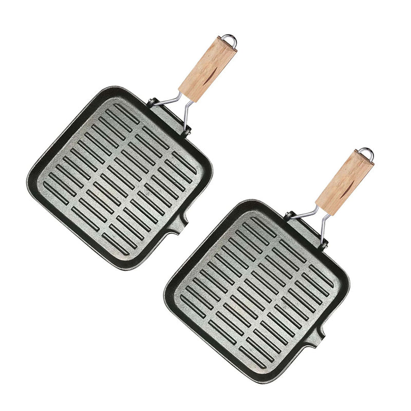 2X 24cm Cast Iron Square Grill Pan Ribbed Surface Folding Wooden Handle