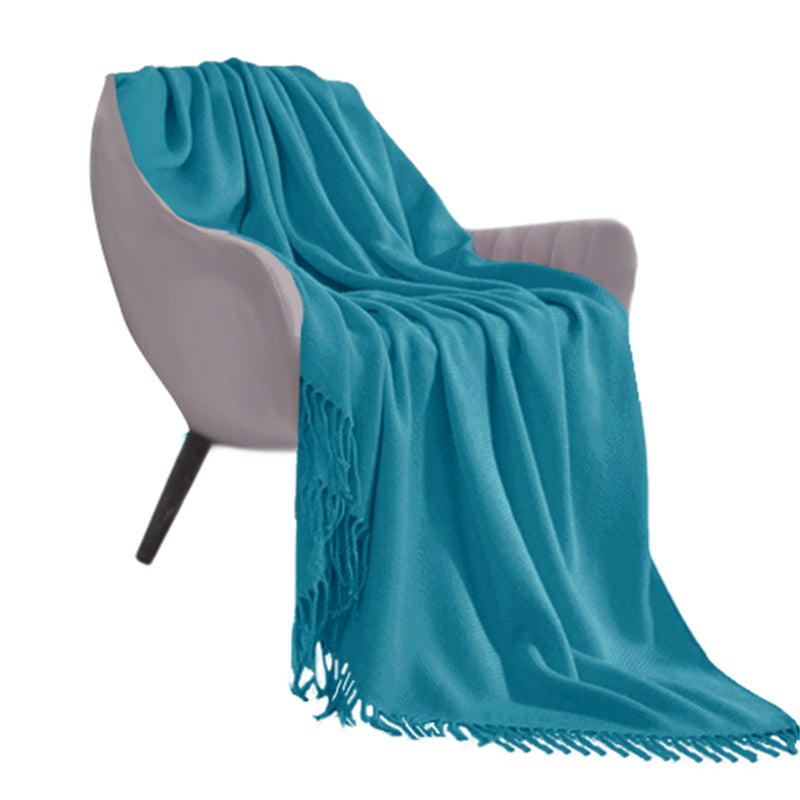 Blue 100% Acrylic Knitted Throw Blanket 130cmx220cm Fringed Cozy