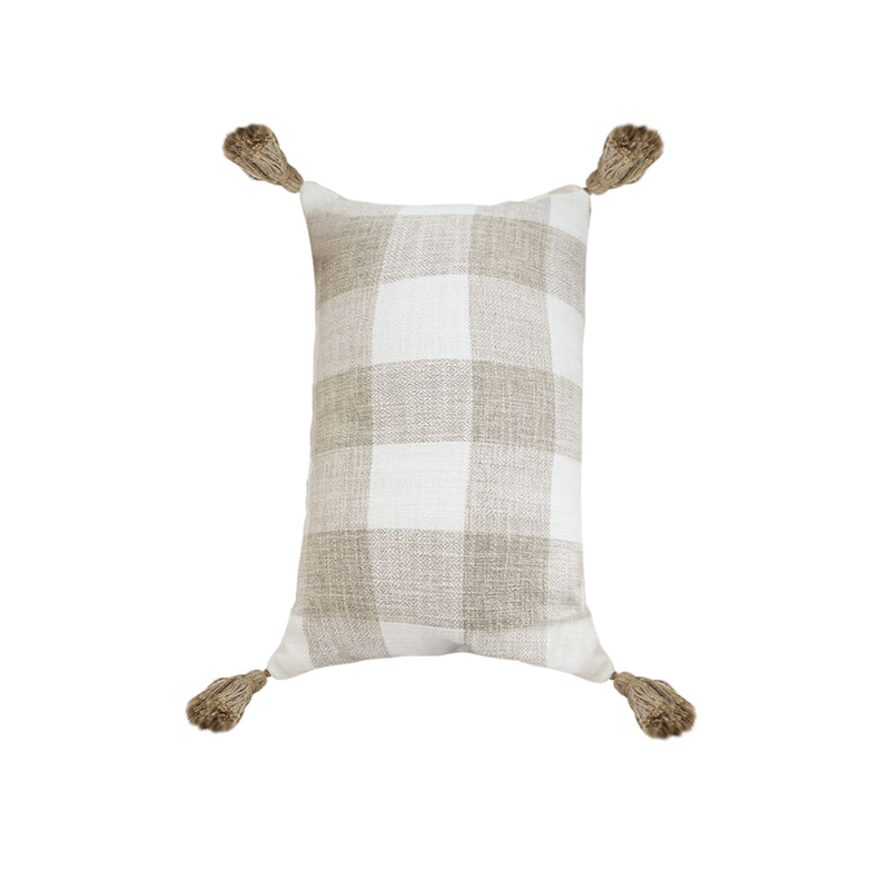 Velvet Lumbar Pillow Cover Soft Plaid Farmhouse Decorative Caramel White 35CM