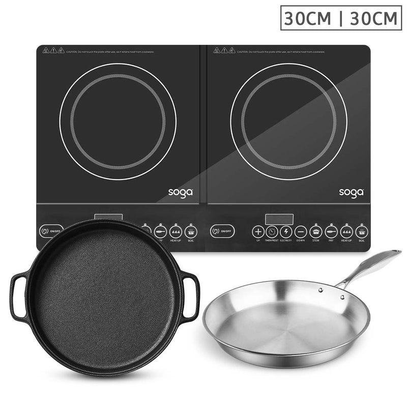 2 Burner Induction Cooktop 30cm Cast Iron Griddle 30cm Stainless Steel Pan Black