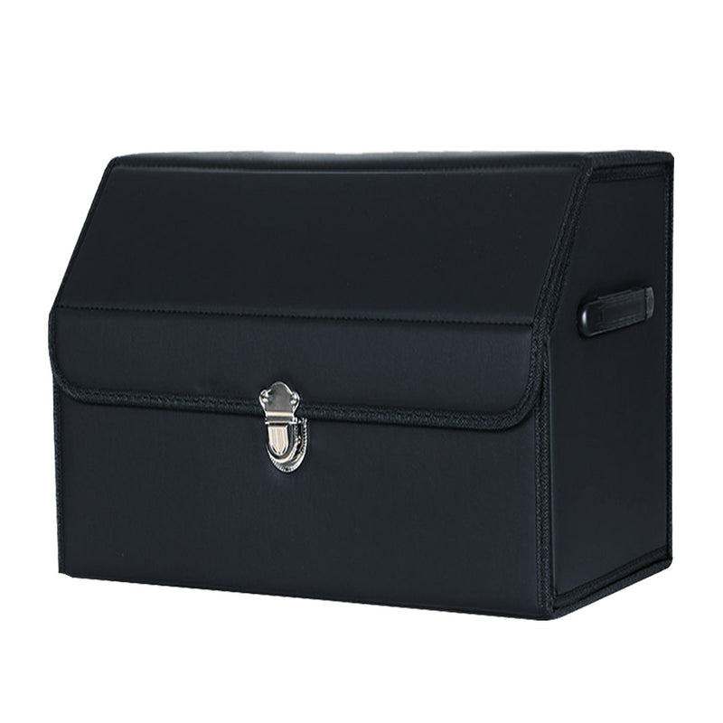 Leather Car Boot Organizer Trunk Storage Box 38x32x30cm Collapsible Lock Black