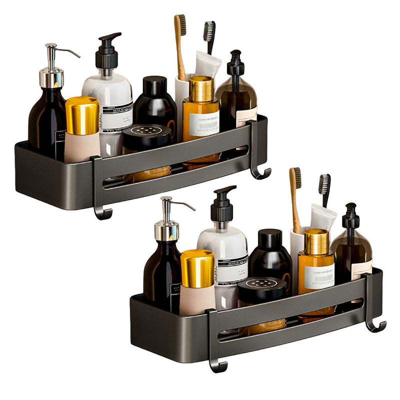 2X Black Aluminum Wall Mounted Bathroom Shelf Rack 33x15x6cm Rust Proof Hooks