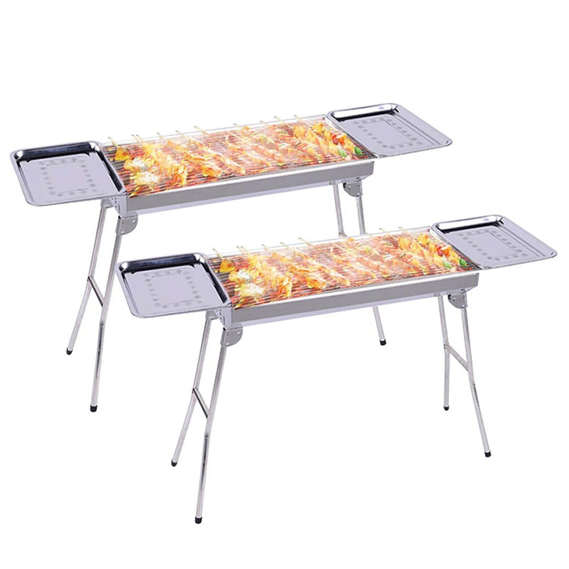 2X Skewer Charcoal Grill Stainless Steel Portable Heavy Duty With Plate 730mm