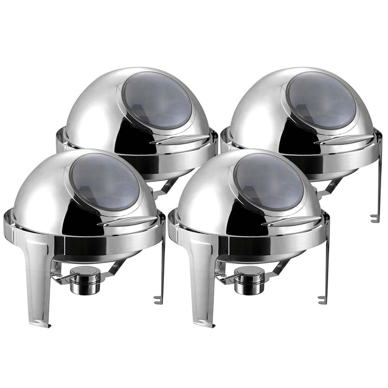 4X Round Stainless Steel 6L Chafing Dish Glass Roll Top Food Warmer