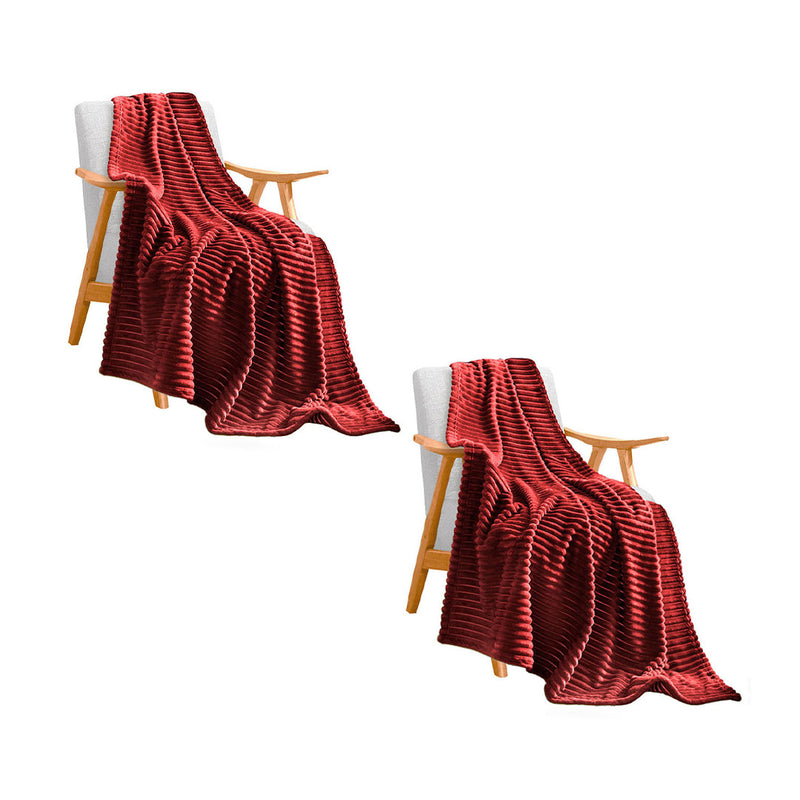 2X Burgundy Thin Flannel Polyester Throw Blanket 200x230cm Lightweight