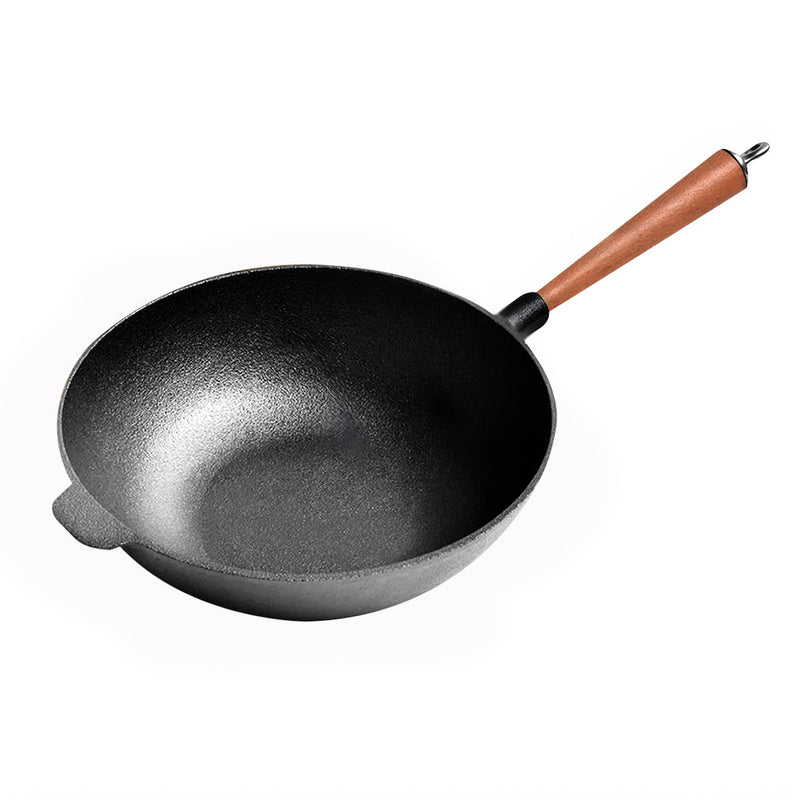 31cm Cast Iron Round Bottom Wok Skillet Preseasoned Wood Handle Black