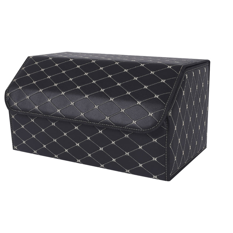 Leather Car Boot Organizer 55x30x30cm 10kg Capacity Black Gold Stitch Foldable