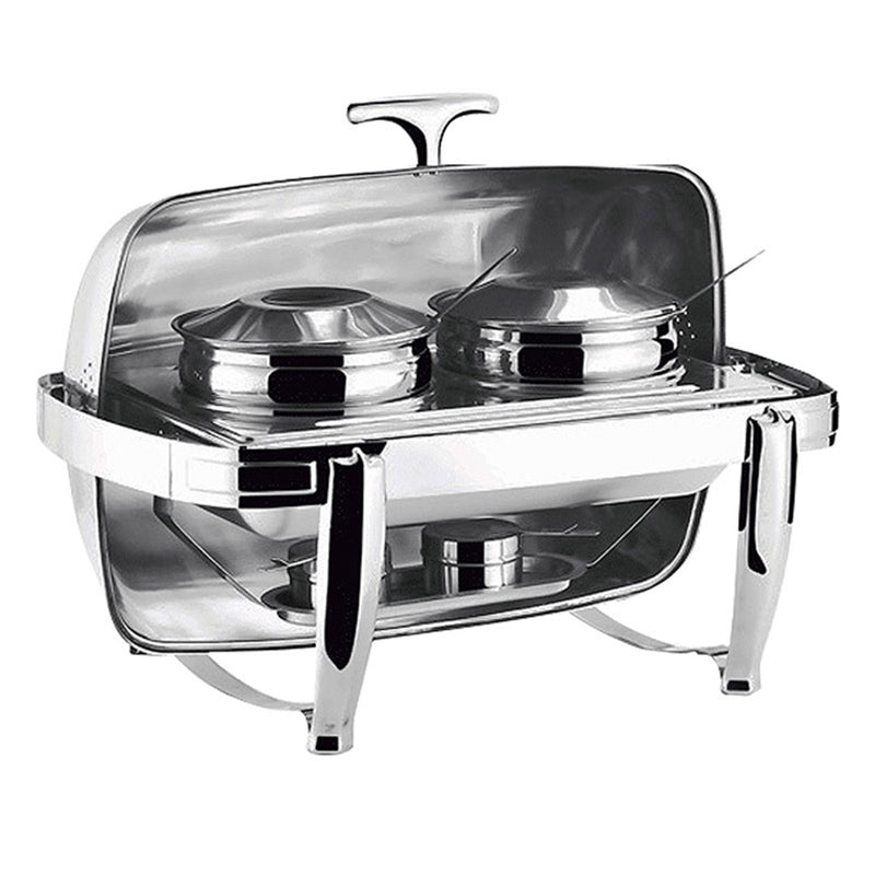 Double 6.5L Stainless Steel Roll Top Soup Tureen Chafing Dish Mirror Finish