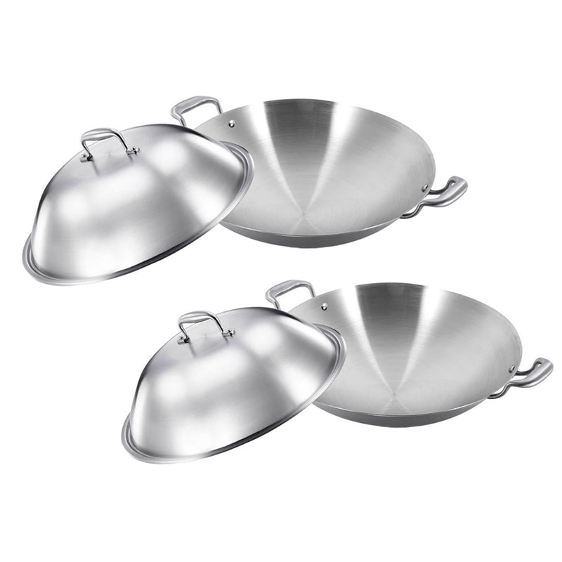 2X 42cm 18/10 Stainless Steel 3 Ply Wok Double Handle With Lid Induction