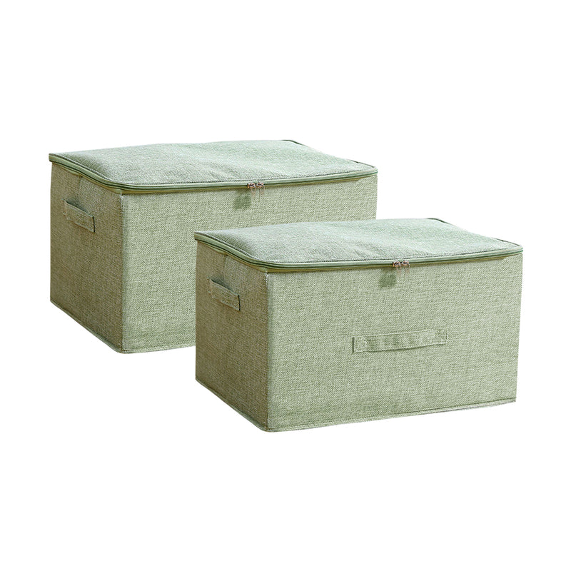 2X Green Large Foldable Storage Box 45X35X25cm Polyester Cotton Double Zipper