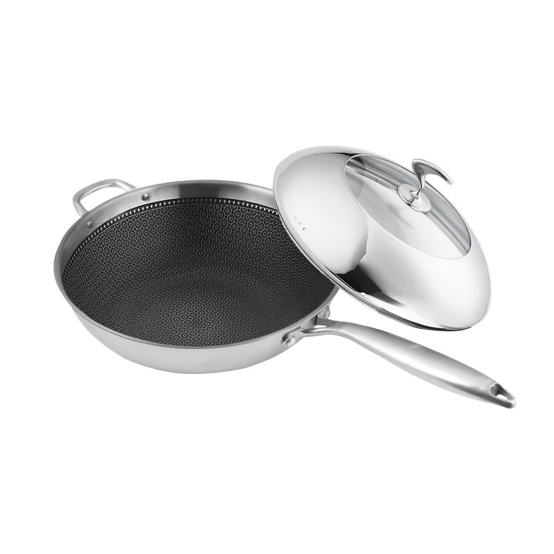 Stainless Steel Fry Pan 32cm Non Stick Skillet Helper Handle Lid Induction Safe