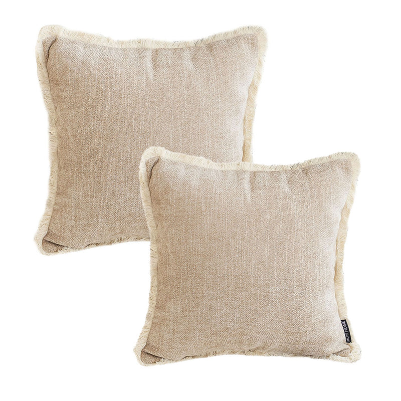 2X 45cm Plush Velvet Chenille Tassel Square Throw Pillow Milk Coffee