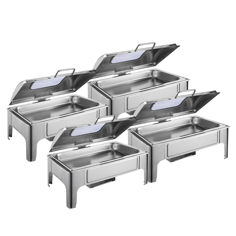 4X Chafing Dish Stainless Steel 9L Rectangular Roll Top Glass Window