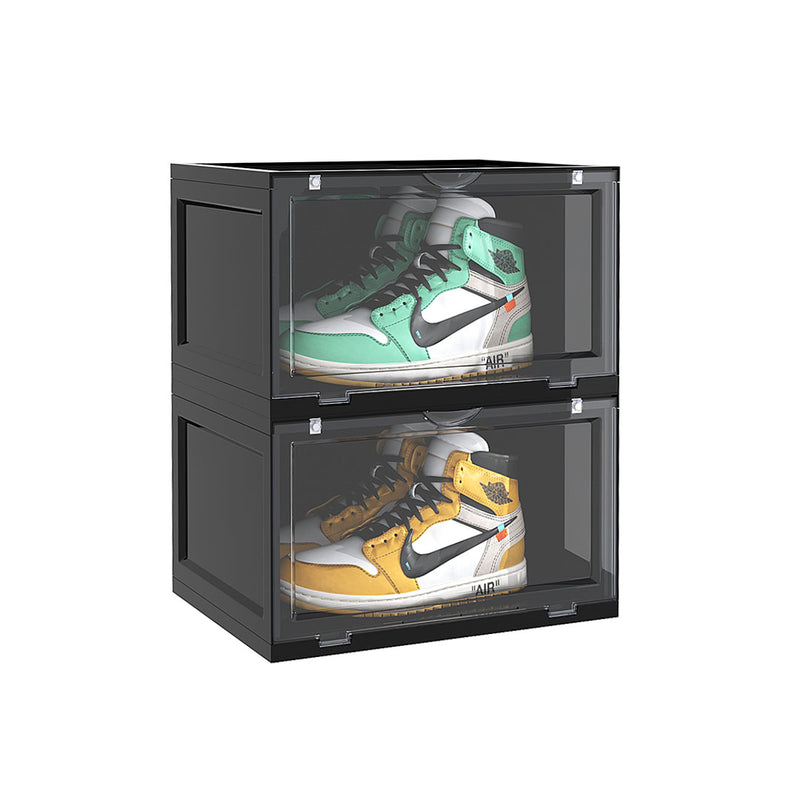 2 Tier Black Plastic Shoe Organizer Folding Stackable Box with Magnetic Door