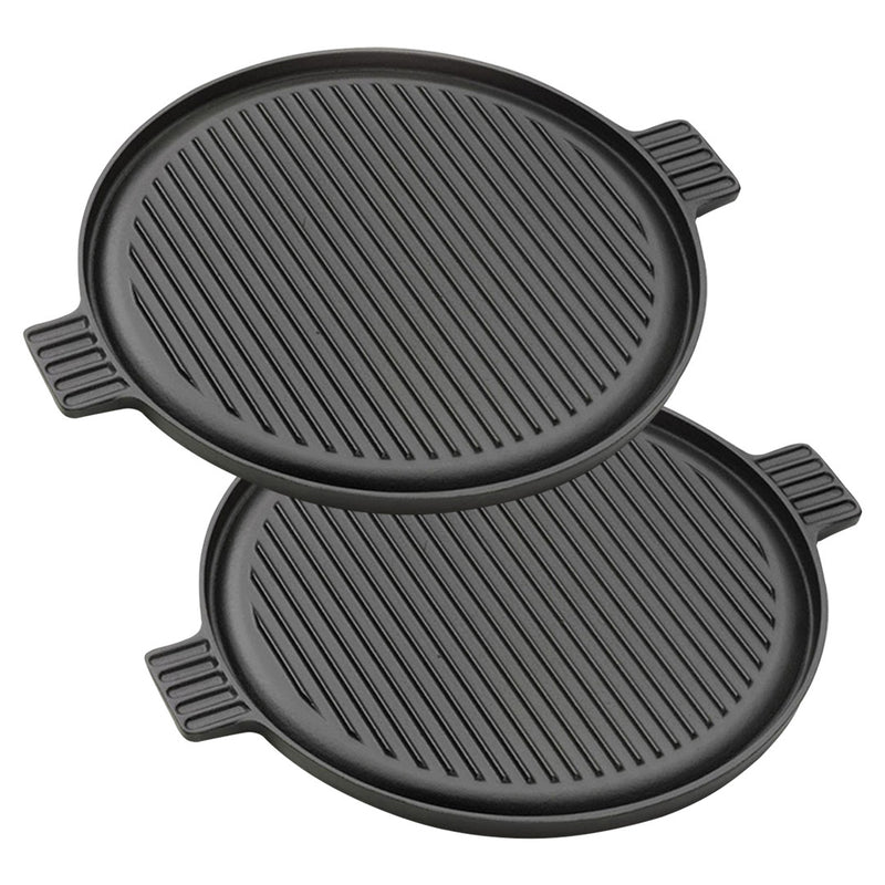 2X 43cm Round Ribbed Cast Iron Frying Pan Skillet Sizzle Platter With Handle