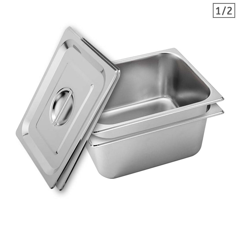 2X 1/2 Gastronorm Stainless Steel Pan 27x33x15cm With Lid Commercial
