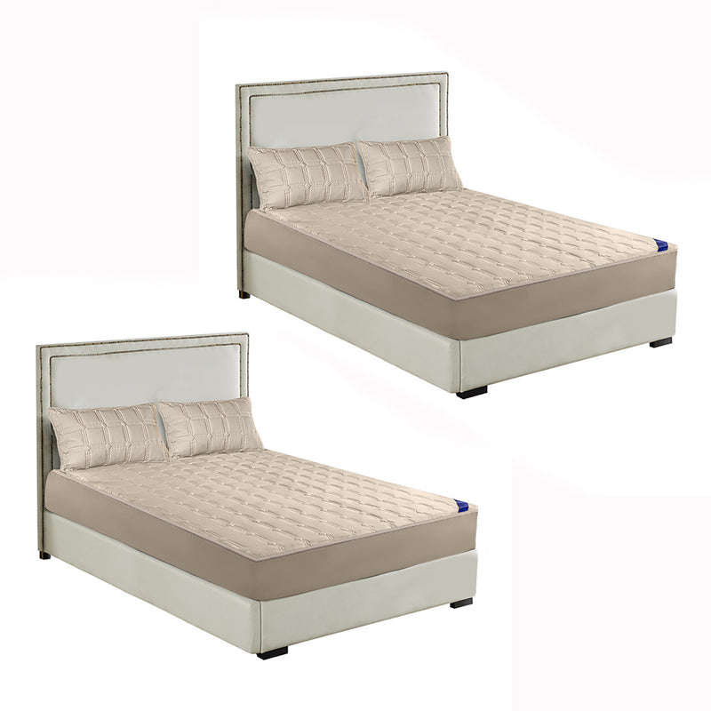 2X Beige Polyester Quilted Stretch Mattress Cover 203x183x40cm 4 Pillow Covers