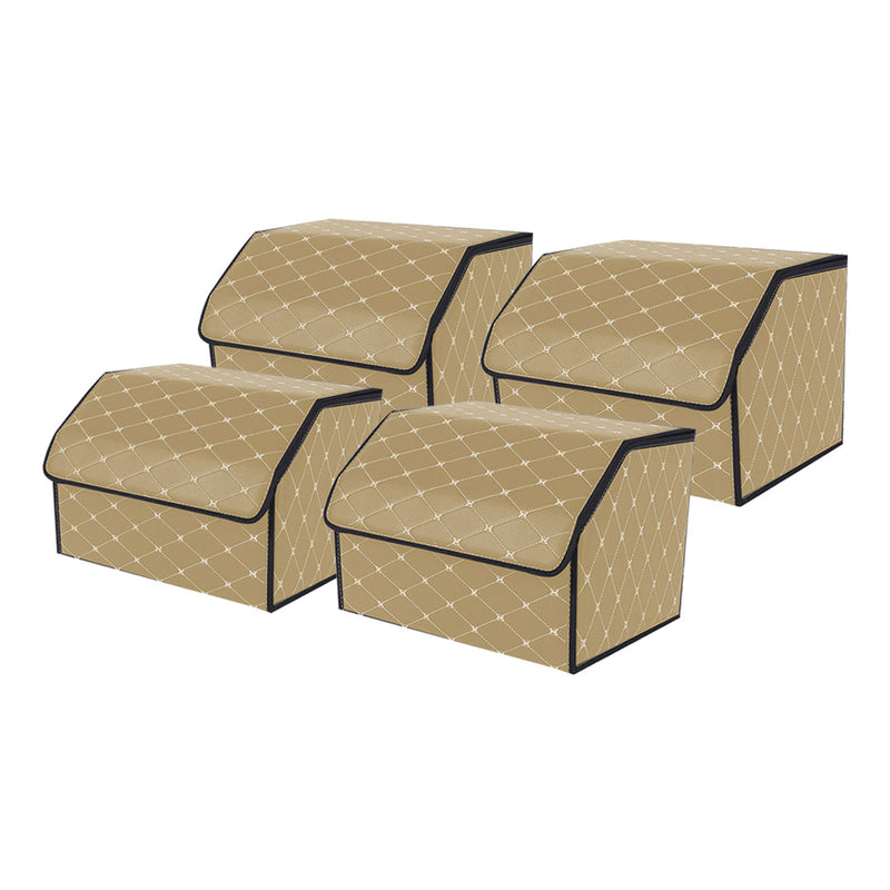 4X Leather Car Boot Organizer Collapsible 40x30x30cm Beige Gold Stitch