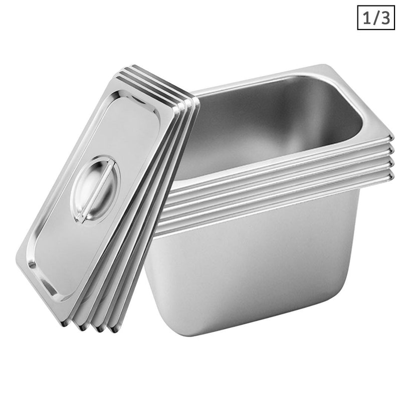 4X 1/3 GN Stainless Steel Gastronorm Pan 33.4x18.2x20cm Deep With Lids