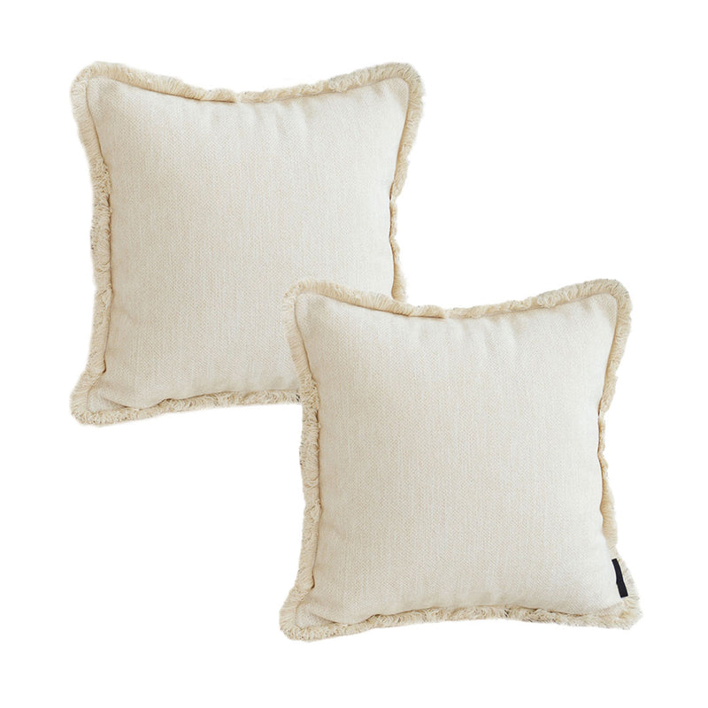 2X 45cm Square Velvet Chenille Tassel Throw Pillow Cream