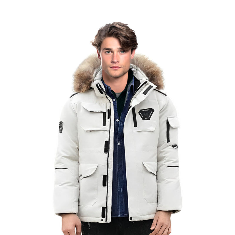 3XL White Hooded Down Puffer Jacket Duck Feather Filled Quilted Polyester