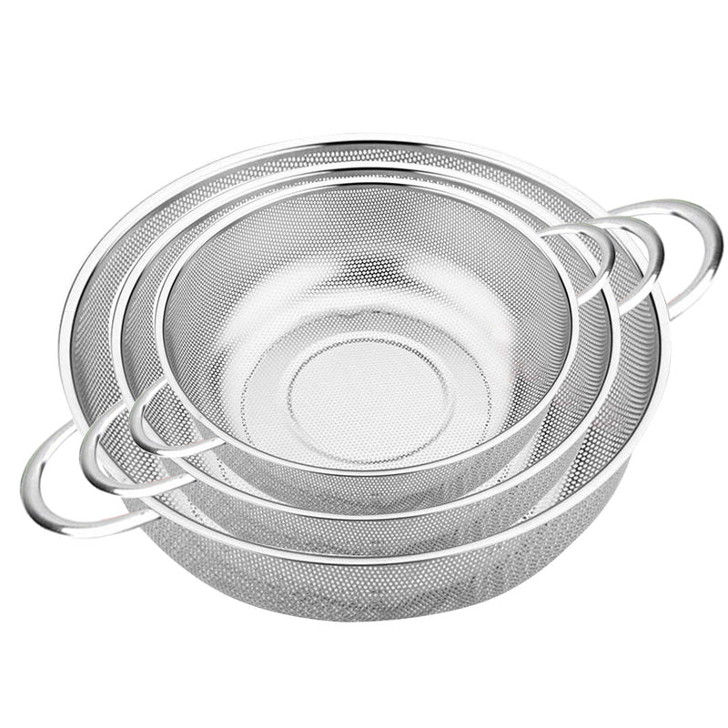 Stainless Steel Colander Set Mesh Food Strainer 3 Sizes Handles Kitchen Bowl