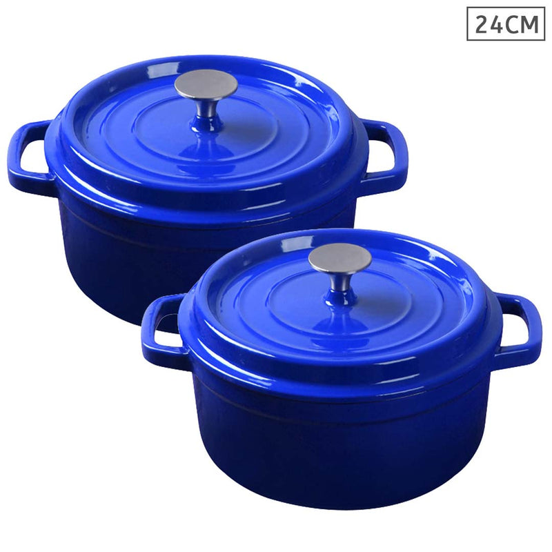 2X Cast Iron 24cm Enamel Casserole Pot With Lid Blue Dishwasher Safe 3.6L