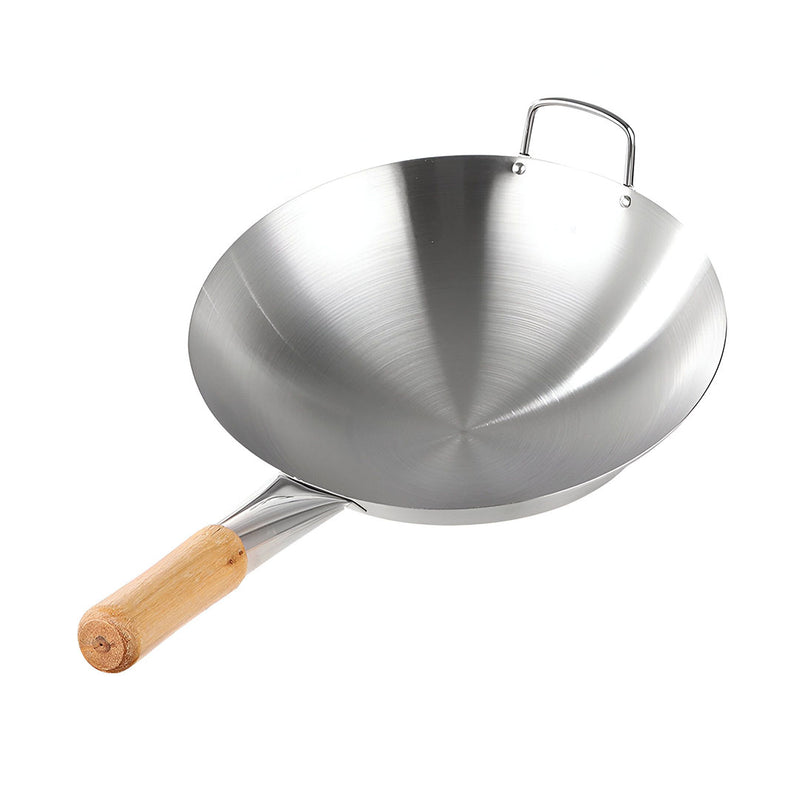 Stainless Steel Cooking Wok 43cm with Wood Handle Home Commercial Use