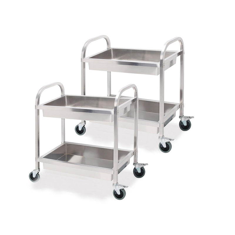2X 2 Tier 18/10 Stainless Steel Kitchen Trolley 85x45x90cm Locking Wheels