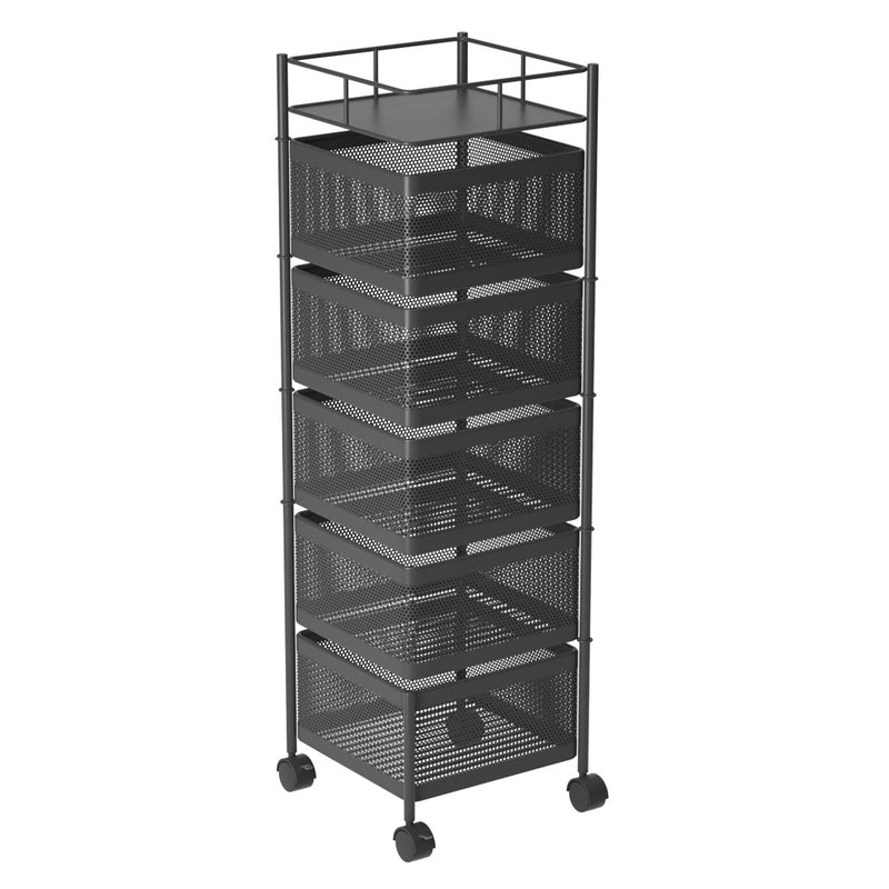 5 Tier Rotating Kitchen Cart Carbon Steel Shelves With Wheels Black 30x30x97cm