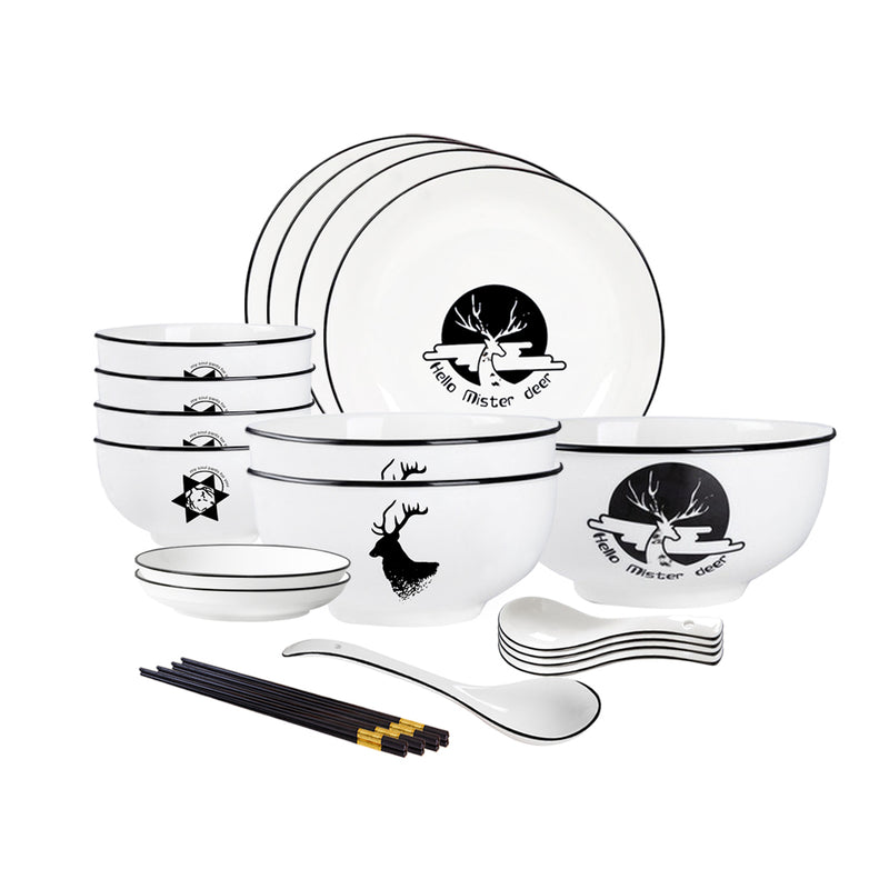 White Antler Printed Ceramic Dinnerware 4.5in Bowls 8in Plates Set of 13