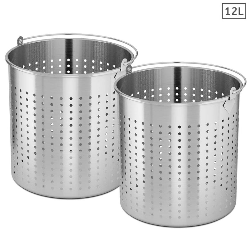 2X 12L Stainless Steel Perforated Stockpot Basket Pasta Strainer With Handle