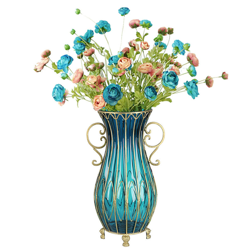 Tall Blue Glass Floor Vase 51cm Gold Metal Accent 12pcs Artificial Flowers